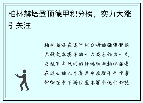 柏林赫塔登顶德甲积分榜，实力大涨引关注